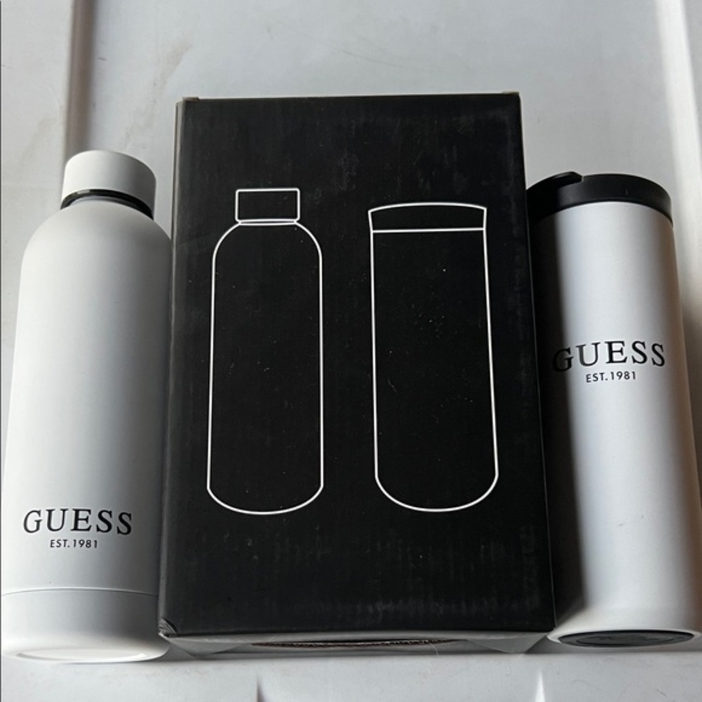 GUESS Black and White CoffeE Travel Cup and Insulated Water Bottle Duo Gift Set